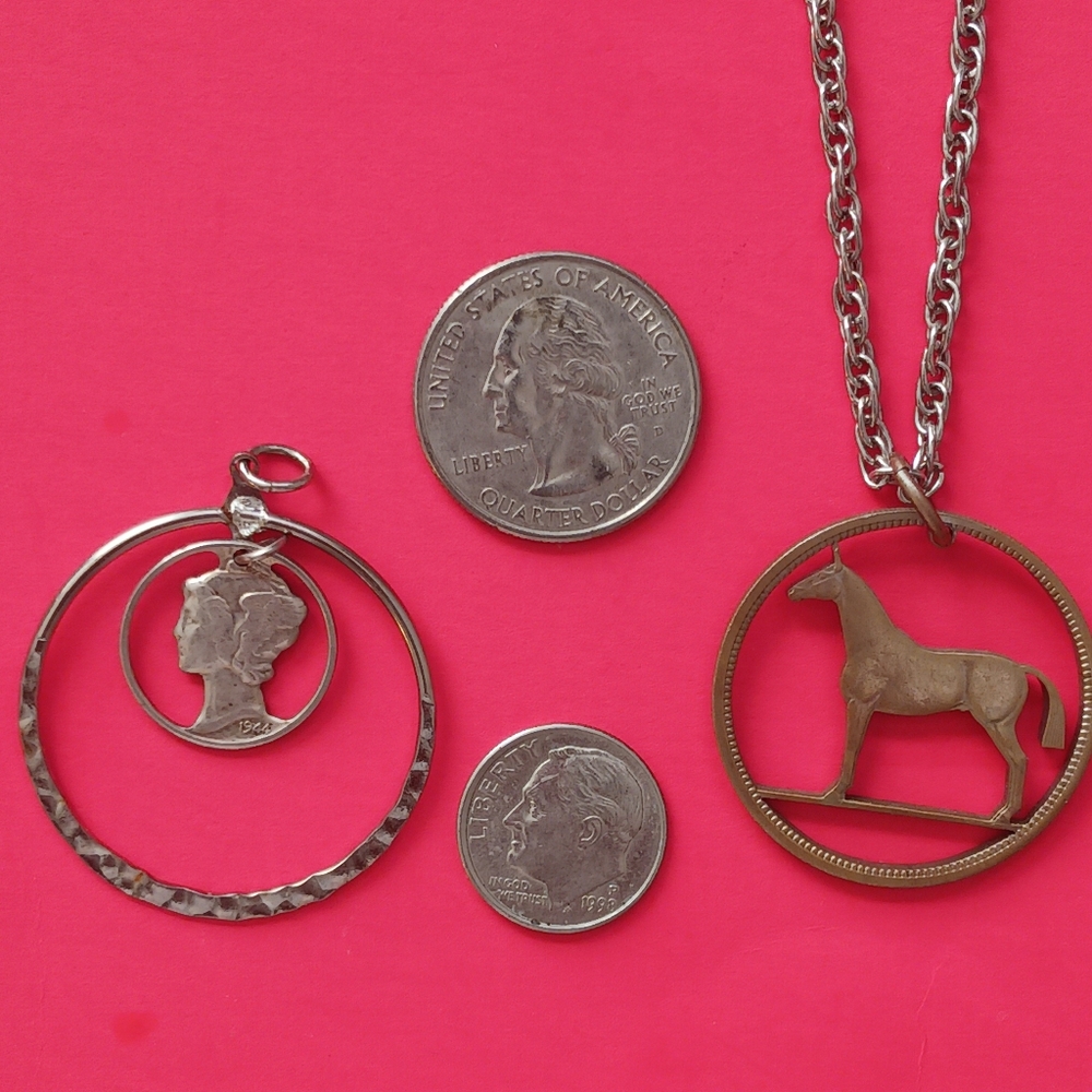 2- Cut Coin Pendants, 1944 Mercury Dime & Irish Half Crown